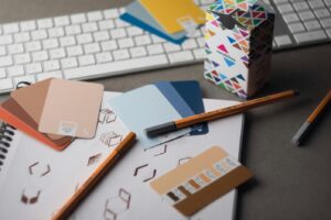 a desk with pencils and samples