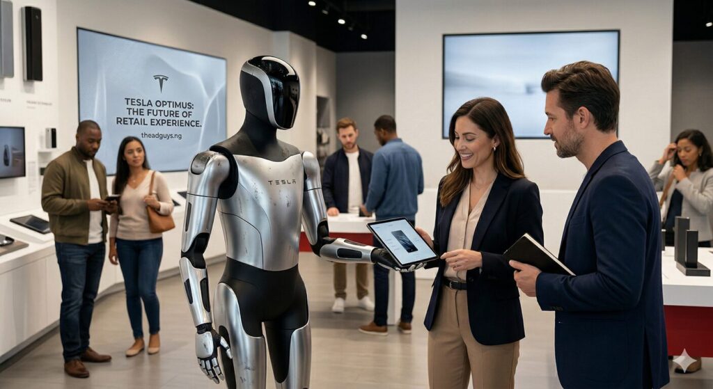 tesla optimus interacting with potential customers in a modern retail setting.