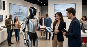 Home tesla optimus interacting with potential customers in a modern retail setting.