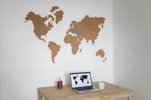 Home map of the world with the laptop placed directly under Africa